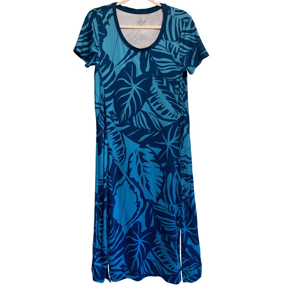 Cuddl Duds Midi Flexwear Lounge Dress Womens‎ PM Blue Tropical Leaf Print Casual